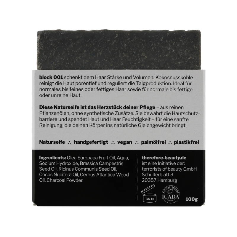 Seife block 001 | bei unreiner, fettiger Haut | bei fettigem Haar | mit Aktivkohle + Zedernöl